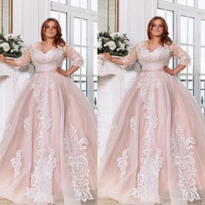 Champagne Plus Wedding Dresses 3/4 Sleeve Scoop Neck Lace Applique Bridal Gowns - Picture 1 of 14