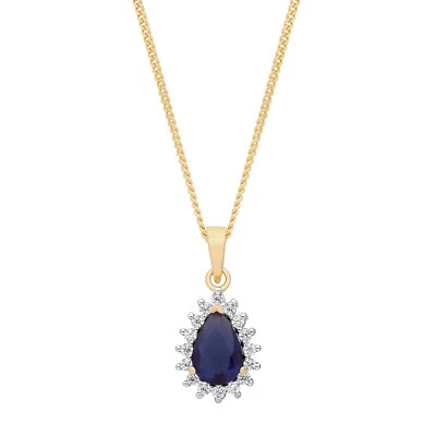 9ct Yellow Gold on Silver simulated BLUE SAPPHIRE Pear Cluster Pendant Necklace - Image 1 of 4