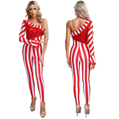 Womens Christmas Candy Cane Striped Jumpsuit Bodysuit Pajamas Xmas Fancy Dress - Image 1 of 2