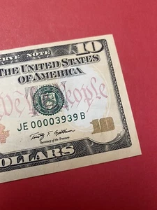 Fancy Serial Number $10 2009 JE 0000 3939 B Repeat Serial .  - Picture 1 of 8