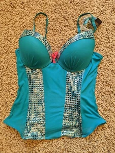 NWT Passion Forever Teal Bustier Corset Silver Sequin Underwire L - Picture 1 of 5