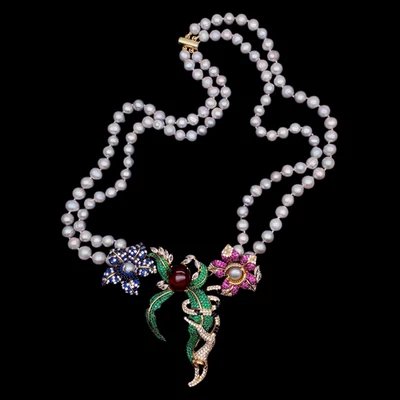 Collar de perlas grises de 2 hilos collares llamativos collares grandes con flores pavé de circonita grande Foto 1 de 4