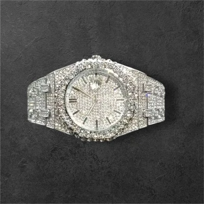 Reloj de lujo para hombre helado moissanita/diamante tono plata busto abajo simulado Foto 1 de 4