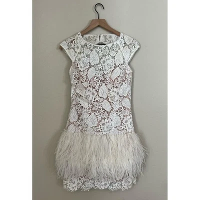 Jovani White Lace Beaded Feather Cocktail Dress size 6 Open Back Bridal - Image 1 of 4