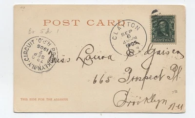1905 Clayton NY postcard with Brooklyn Circuit RPO streetcar handstamp [h.6886] - Image 1 of 3