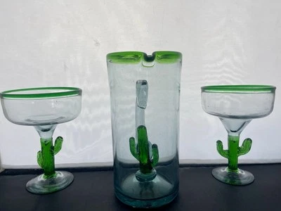 Cacto de haste verde soprado à mão mexicano 3 peças Conjunto de vidro Margarita - Imagem 1 de 4