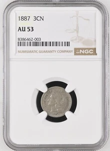 1887 THREE 3 CENT NICKEL - NGC AU 53 - KEY DATE! - Picture 1 of 5