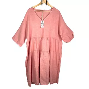 Miss Rose Sister Violet Stella Linen Dress V-Neck 3/4 Sleeve Tiered Pink Size OS - Picture 1 of 6
