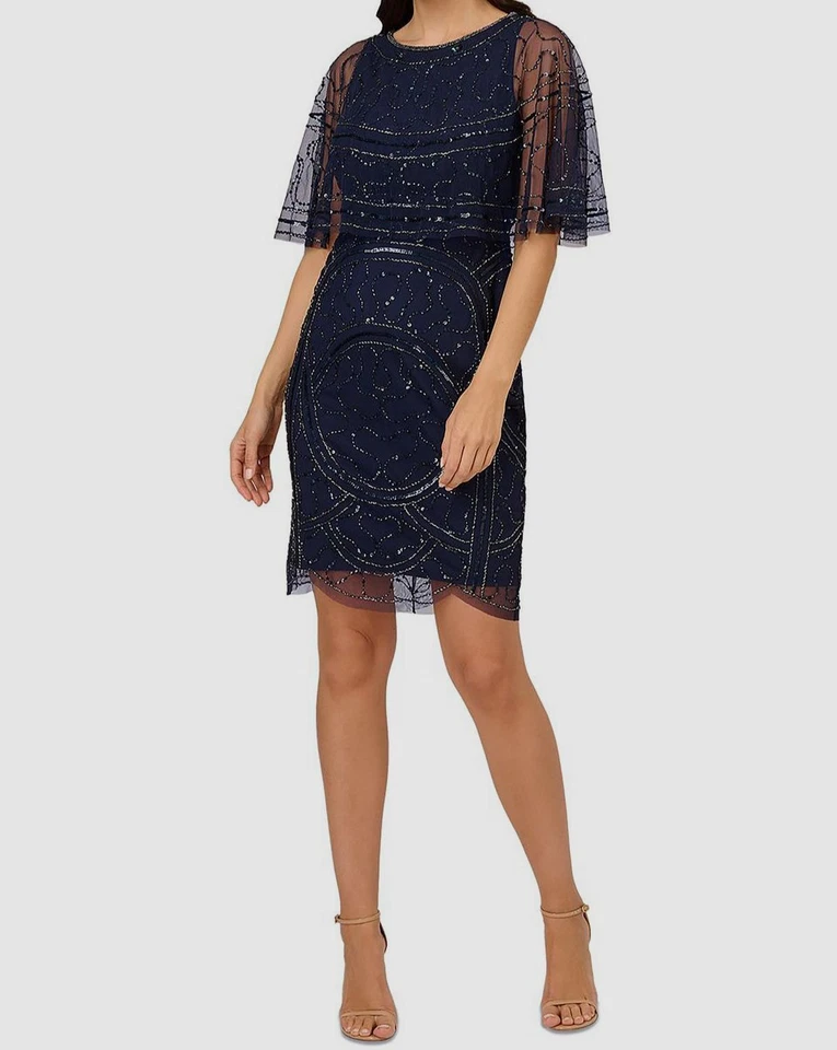 Papell Studio Women's Blue Mesh Embellished Capelet Overlay Dress Size 4