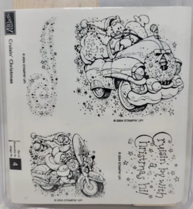 Stampin Up Cruisin Christmas wood mount rubber stamps Santa car motorcycle - Picture 1 of 6