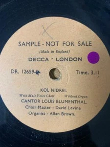 Jewish Cantorial 78 RPM-Louis Blumenthal -Kol Nidrey- England , Sample , S/Sided - Imagen 1 de 3