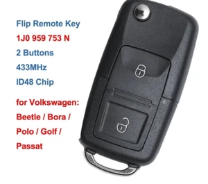 1J0 959 753 N 1J0959753N Flip Remote Car Key Fob 2 Buttons 433MHz ID48 Chip - Picture 1 of 5