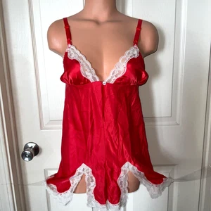Lily Of France Vintage Teddie Romper Snap Gusset Red Satin White Lace USA Sz.36 - Picture 1 of 11