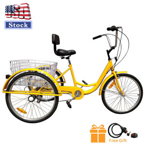 24" 7-Speed Adult Trike Tricycle 3-Wheel Bike  w/Basket for Shopping Yellow