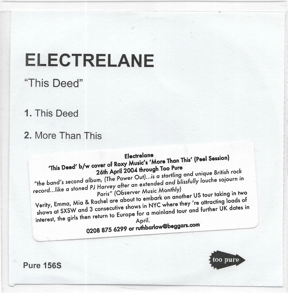 ELECTRELANE -This Deed- RARE 2 track Promo CDr Acetate - Image 1 of 2