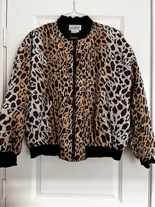 1980s Vintage Leopard Print Silk Bomber Jacket Karen Arnold For Woman Size L - Picture 1 of 8