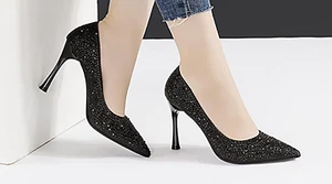womens formal party Black pointed toe pumps with rhinestone stone accents (8.5) - Picture 1 of 4