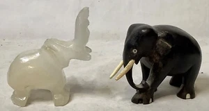 Lot of 2 Carved Elephant Figurines White Onyx Ebony Wood - Picture 1 of 7