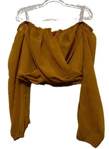Guess Jenner Off-shoulder Blouse Top Women's Small Mustard Yellow Rcuhed Chiffon - Picture 1 of 3