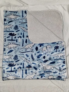 S L S.L. Home Fashions Baby Blanket White Sherpa Blue Dino Dinosaur Tree Leaf - Picture 1 of 17