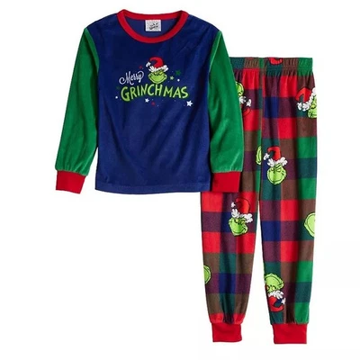 The Grinch Boy's Velvety Velour Christmas Holiday Plaid Pajama Set - Image 1 of 2