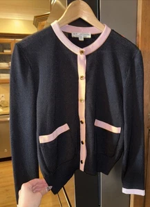 St. John Collection Marie Gray VTG Baby Pink & Black Cardigan Sweater Size 4 - Picture 1 of 24