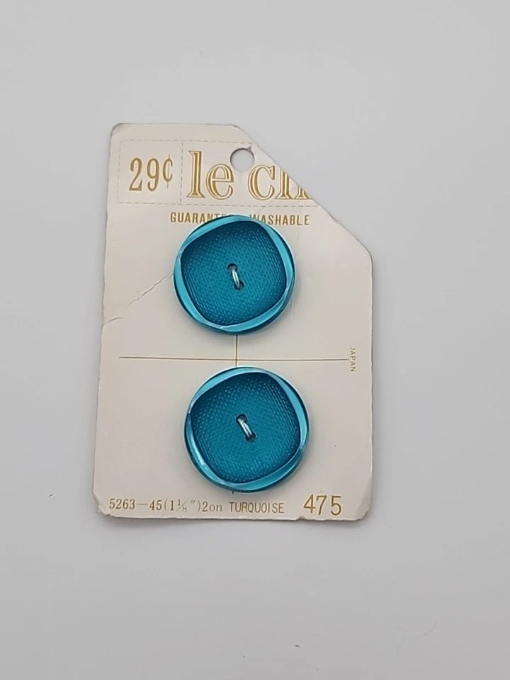 Vintage Le Chic 2 Turquoise Buttons 475 Original Card 1 1/8” 29 CENTS 5263-45 - Image 1 of 1