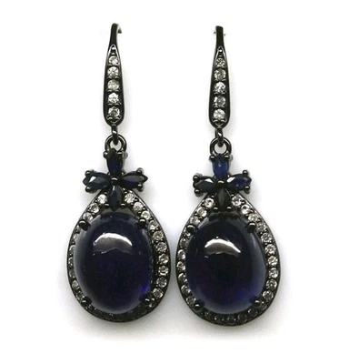 925Silber OHRHÄNGER Echte Edelsteine blau Saphir 14k schwarz Vergoldung - Bild 1 von 4