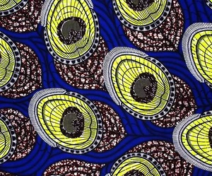 African Fabric 1/2 Yard Cotton Polyester Blend Wax BLUE YELLOW BROWN Feathers - Picture 1 of 3