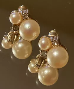 Double Faux Pearl & Rhinestone Pierced Goldtone Earrings - Picture 1 of 6