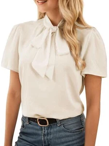 Women's Bow Tie Knot Mock Neck Short Sleeve Elegant Blouse Shirt Top NEW - Picture 1 of 7