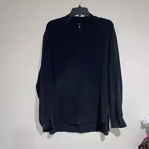 Madewell 100% Silk Black Tunic Long Sleeve 1/4 Button Front Blouse Top SZ XL - Picture 1 of 9