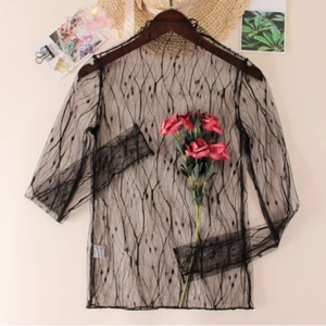 Damen Netz transparent Spitze Top Unterhemd Rollkragen Langarm dünn Clubwear sexy - Bild 1 von 14