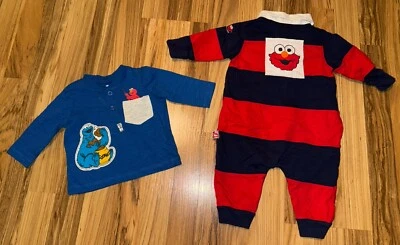 Sesame Street Elmo Cookie Monster Blue Shirt 0/3 Months Romper 3/6 Months Lot - Image 1 of 4