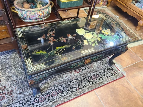 Oriental  Coffee Table, Black, Mother of Pearl, Relief Flower, Glass Top Cover