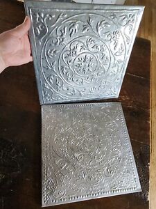 Set of 2 Hosley Tin Tiles 12.25” Square Wall Hanging - Embossed Punched Metal