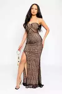 Black Luxe Sequin & Beaded Embellished Sheer Mesh Waist Slit Maxi Dress - Picture 1 of 6