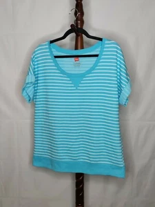 NWOT Hanes women's size L sweatshirt blue & white stripe cuffed short sleeves - Picture 1 of 6