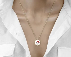 Halskette Kette Mit Rundem Anhänger Damen Mädchen Gold Mohnblume Rot Blume Frau - Bild 1 von 6