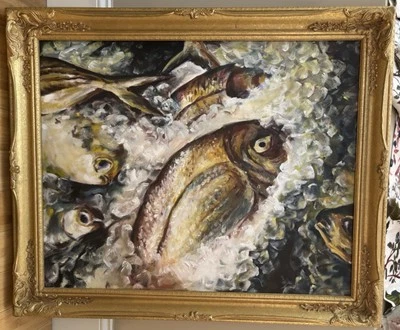 GRANDE Abt 35”x 29,5” Peces sobre hielo Bodegón Pintura al óleo Marco dorado Ornamentado COMO ESTÁ Foto 1 de 4