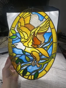 Vintage Stained Glass Flying American Bald Eagle Blue Sun Catcher Oval 12" x 9" - Picture 1 of 8