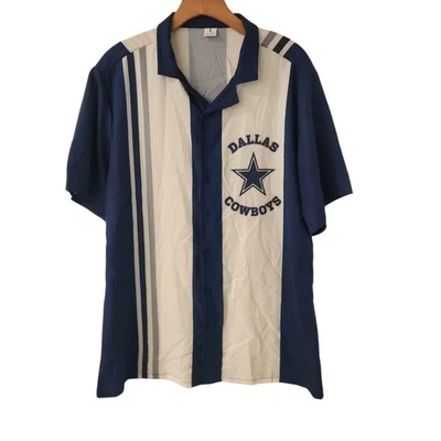 Camisa con botones Dallas Cowboys azul blanca boliche logotipo a rayas para hombre grande  Foto 1 de 4