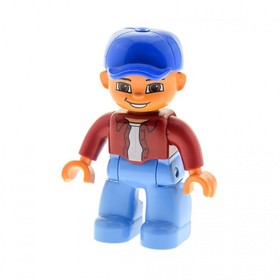1x Lego Duplo Figure Man Light Blue Jacket Dark Red Hat Blue 47394pb022