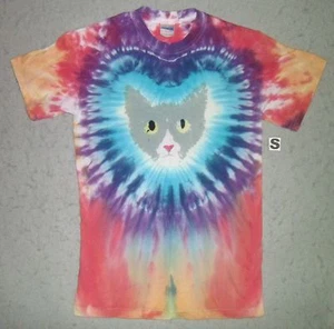 T-SHIRT GRAU UND WEISS PORZELLAN KATZE SONNENBLUME TIE DYE - Bild 1 von 5