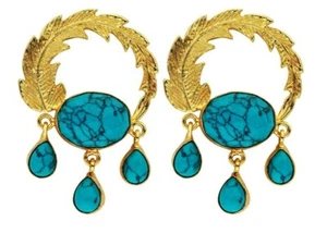 Brand New Pretty 18K Gold Plated Earrings With Multi Faceted Turquoise Detail - Picture 1 of 3
