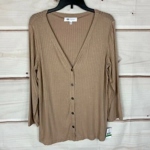 Fever Top Womens L Beige Ribbed Knit Button-Up Shirt V-Neck 3/4 Sleeve Solid - Picture 1 of 7