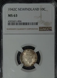 1942 Newfoundland 10 cents, NGC MS63, 10 Cents - Picture 1 of 2