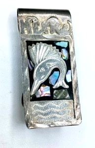 Vintage Alpaka Mexiko Geld Halter Clip Segel Fisch Intarsien Abalone Muschel Silber - Bild 1 von 14