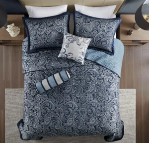 NAVY BLUE SILVER XXL 5pc Queen BEDSPREAD : 102 x 118 JACQUARD QUILT - Picture 1 of 8