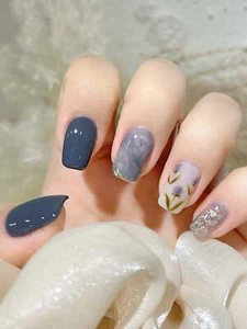 24pcs Medium Square Blue Smudged Silver Edge Flower Fake Nail False Nails Press - Picture 1 of 7